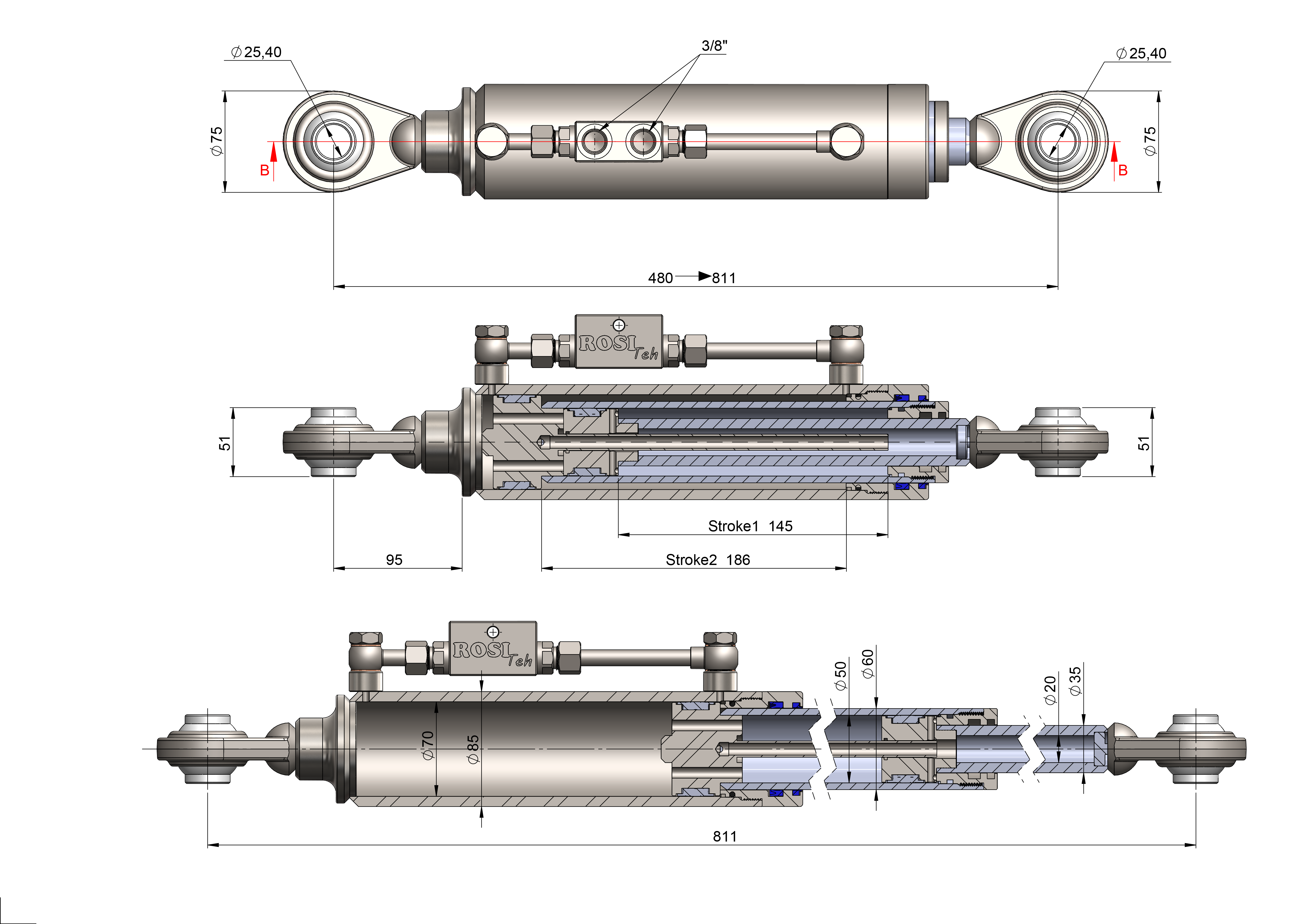 CAT. 2 telescopic hydraulic top link standard dimensions